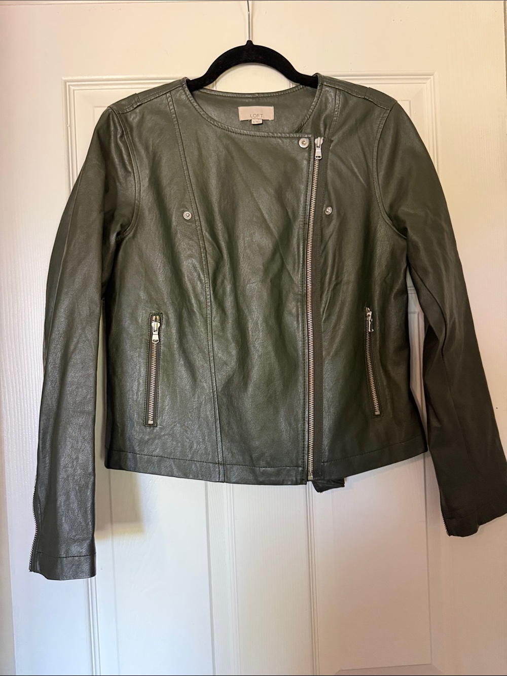 LOFT Olive Faux Leather Asymmetrical Zip Jacket